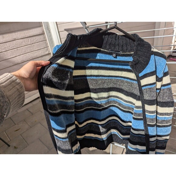 Carolyn Taylor Size Small Baby Blue White And Black Striped Knit Zip Up Sweater - Picture 11 of 12